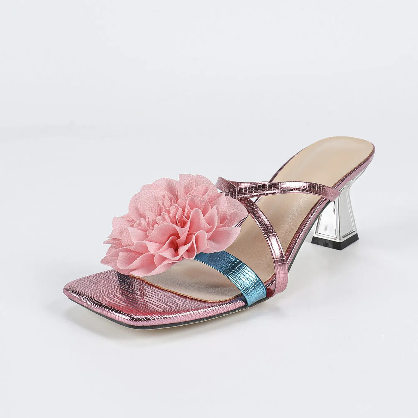 Pink women's high heel sandals with a square toe, 3D floral detail, and a tall heel.