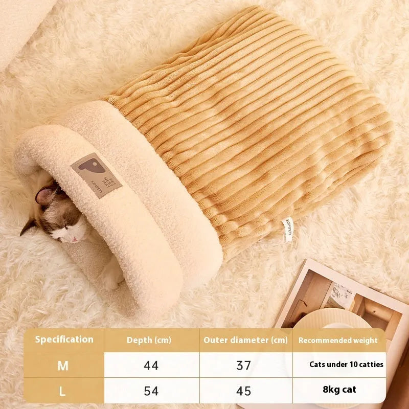 Brown plush pet sleeping bag with semi-enclosed design for cats