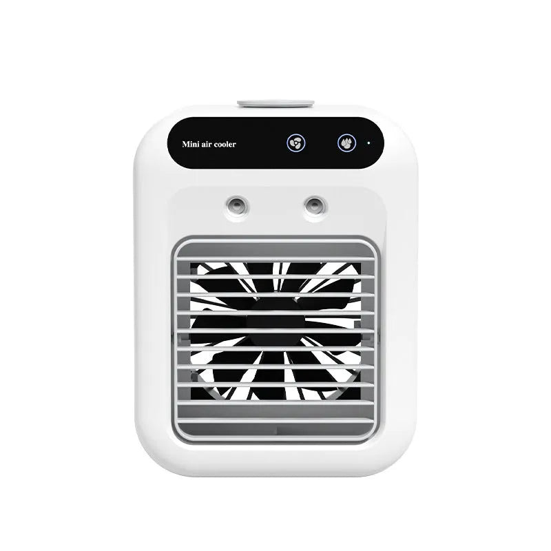 Ivory white portable USB air cooler fan with digital touchscreen display and water tank for room or car use