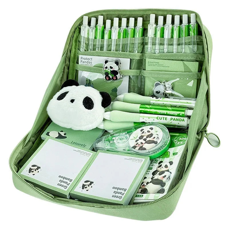 Green Korean style panda pencil case with 12 layers for large capacity stationery storage