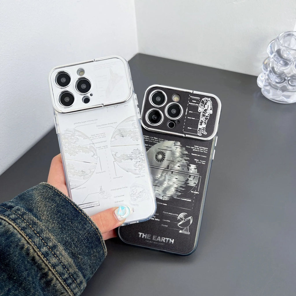 Pleated bracket TPU phone case with metal planet design for iPhone 14 Pro Max, back cover view
