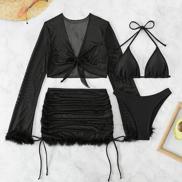 Black women's two-piece bikini swimsuit with long sleeves and briefs for swimming