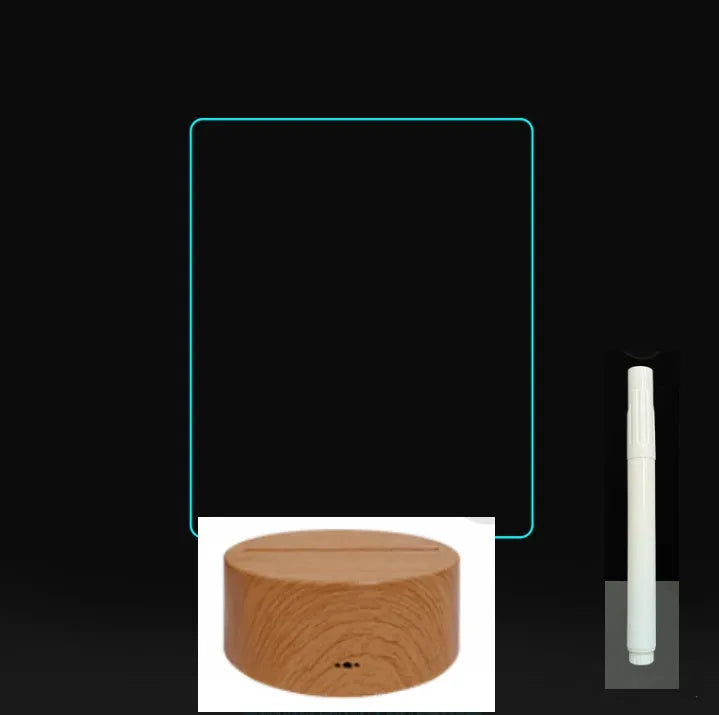 3D acrylic LED message board with touch control, black ABS base, USB cable, and stylus pen on desk