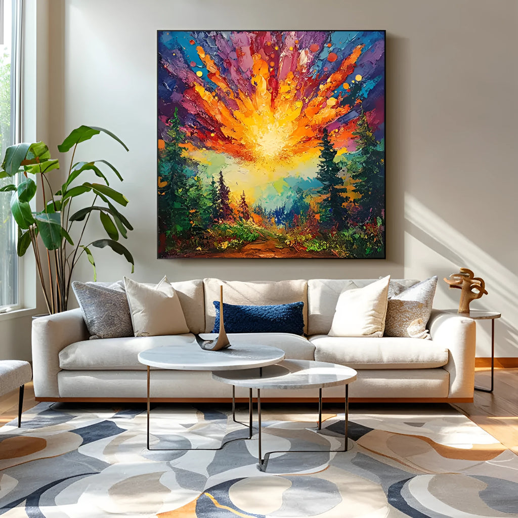 Hand-painted oil painting of sun rising in deep forest with brilliant light, modern landscape canvas art on wall