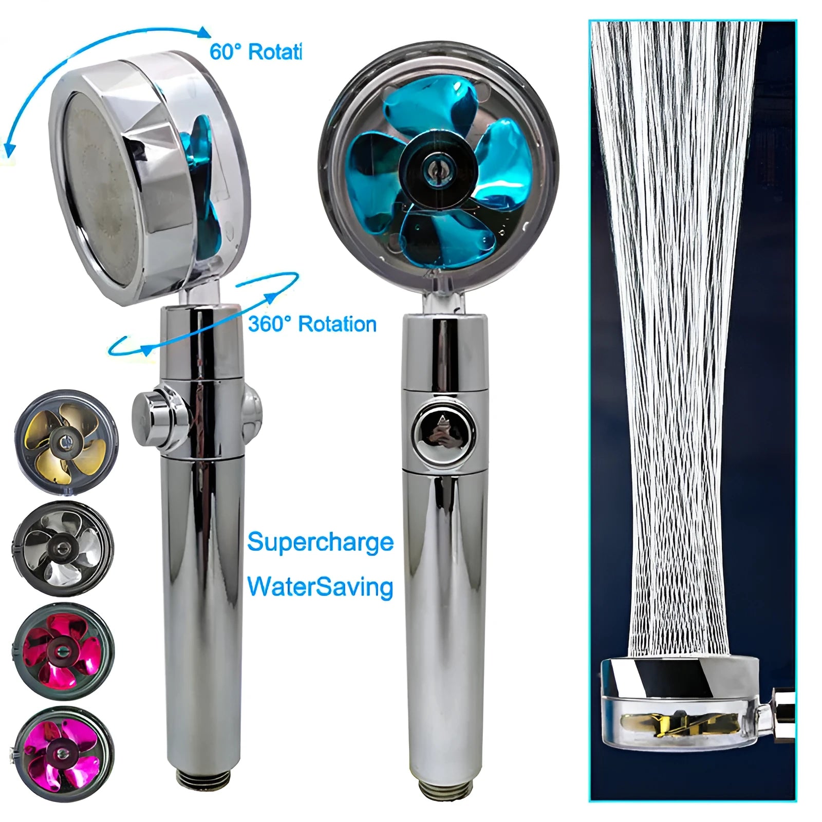 ABS plastic water-saving shower head with chrome finish and 360-degree rotating nozzle