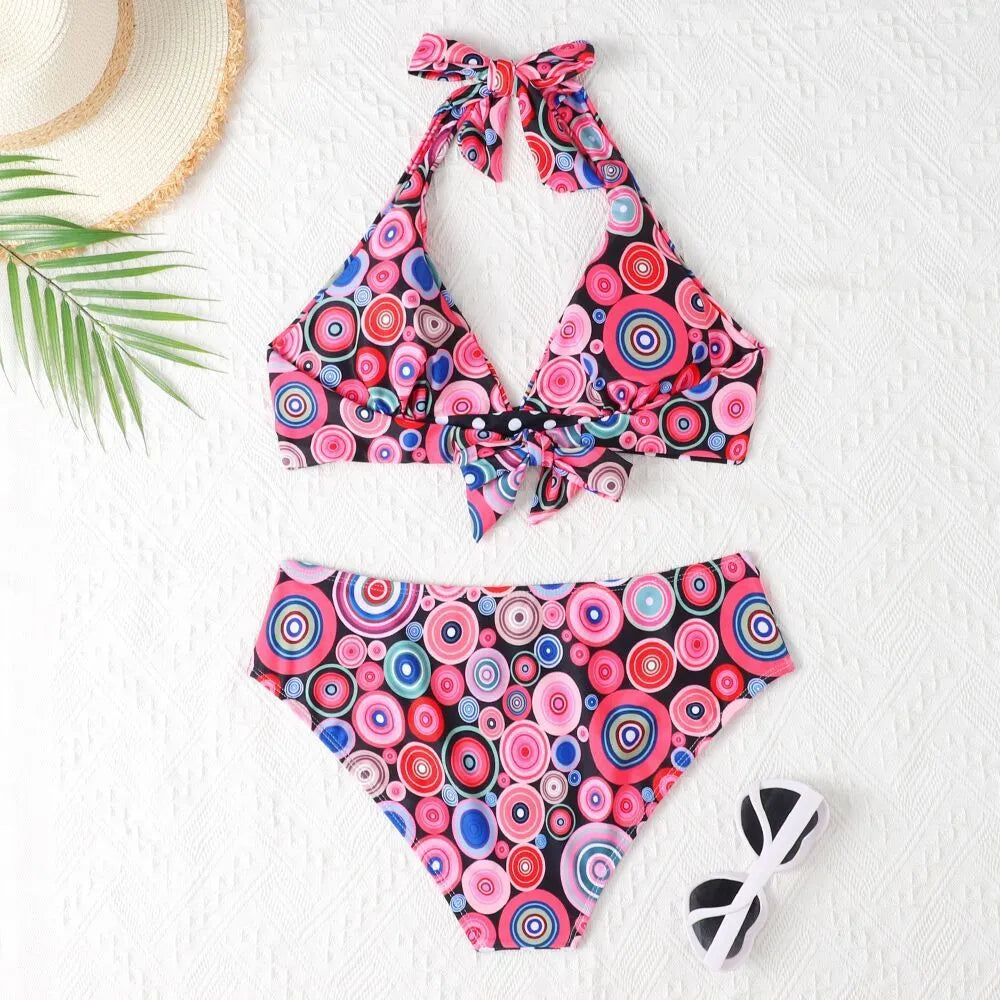 Women's printed high waist split bikini suit with floral pattern in two colours