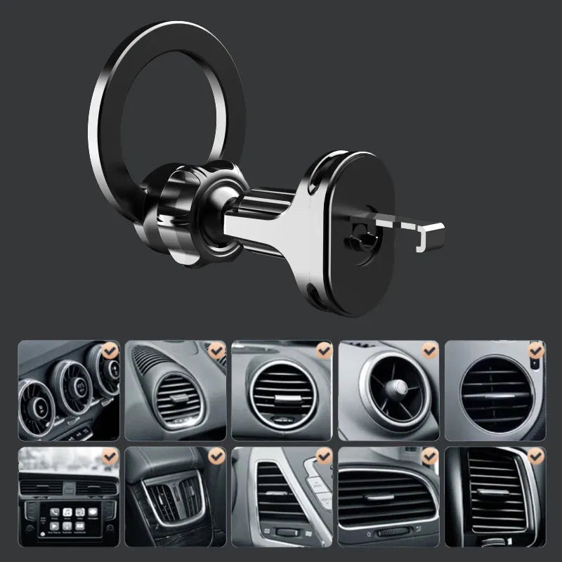 Black magnetic car phone holder with O-ring bracket for air outlet mounting