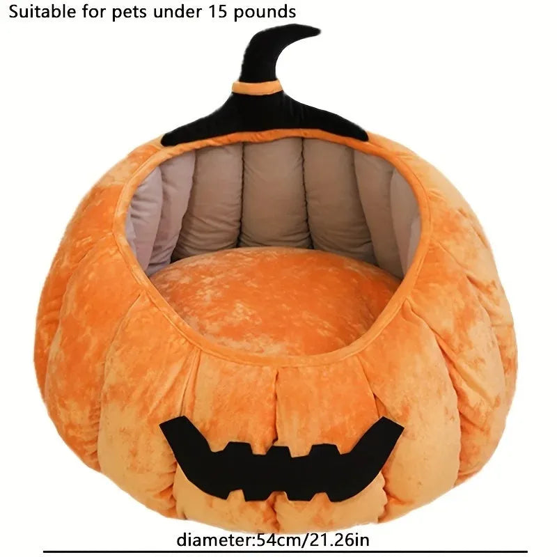Halloween pumpkin devil design soft plush cat bed for small pets in black, orange, or pink.