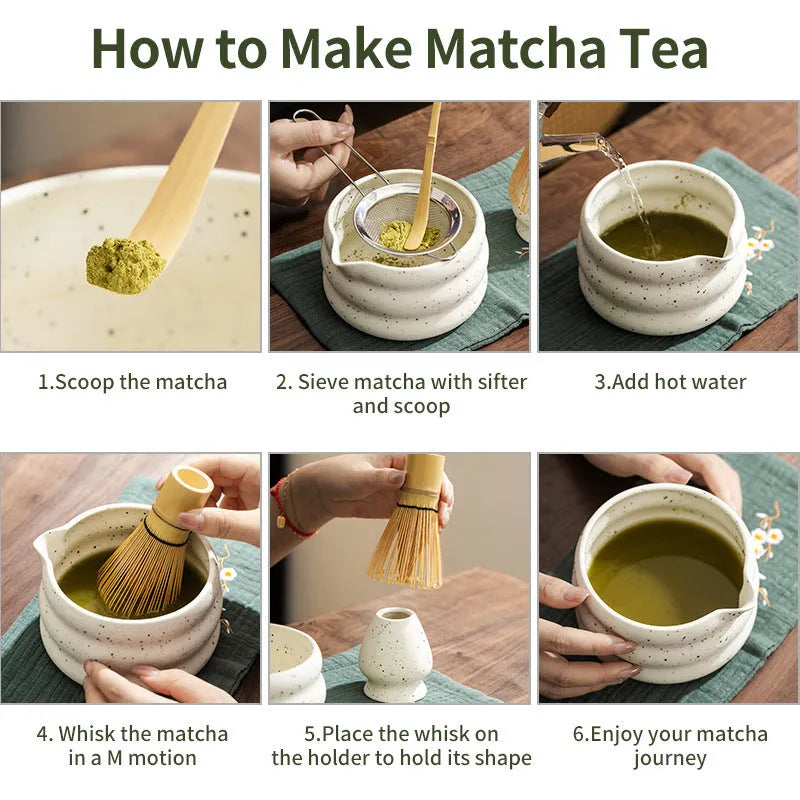 Ceramic matcha stool bowl with sand point finish, 4-piece set, one bowl in focus
