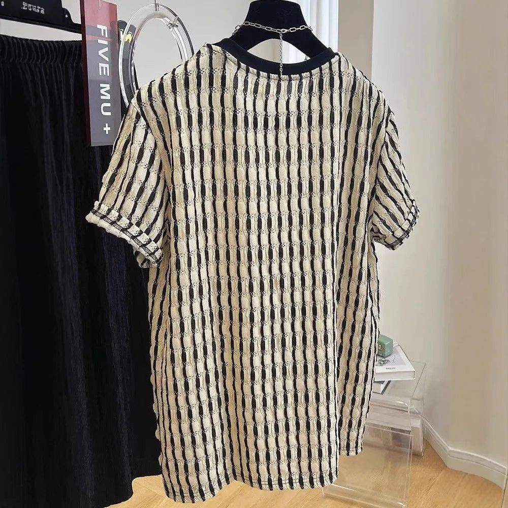 Black and white striped men's casual linen blend shirt with short sleeves and a loose fit.