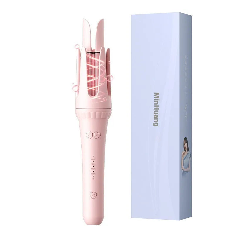 Pink automatic hair curler with 32mm barrel, three clips, and comb on white background