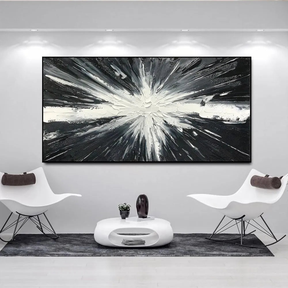 Modern horizontal hand-painted abstract oil painting on canvas in black and white texture for living room decor