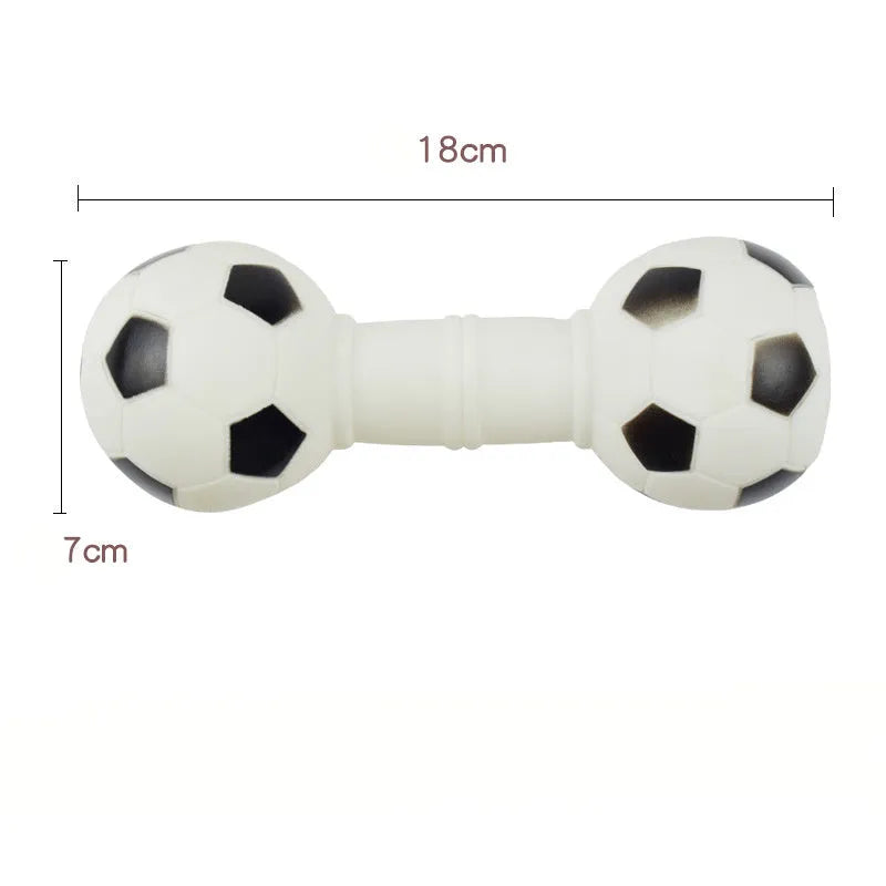 Football dumbbell shaped dog squeaky chew toy in multiple colours