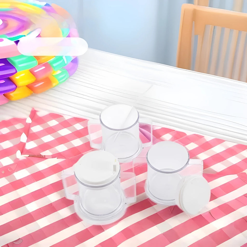 Transparent spill-proof lightweight plastic drinking cup on a table.