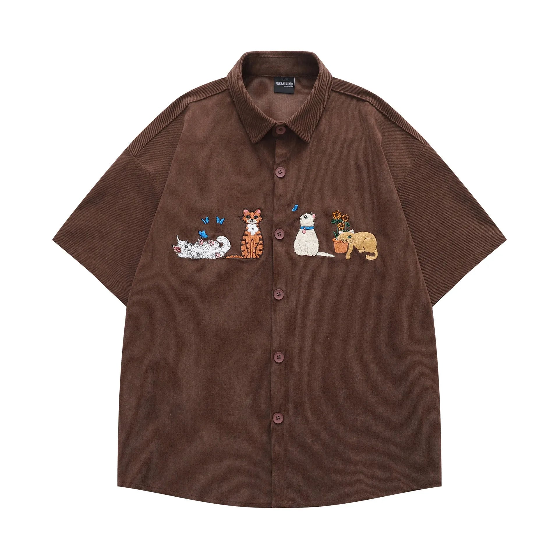 Loose fit cartoon pattern embroidery shirt in apricot colour, cardigan style.