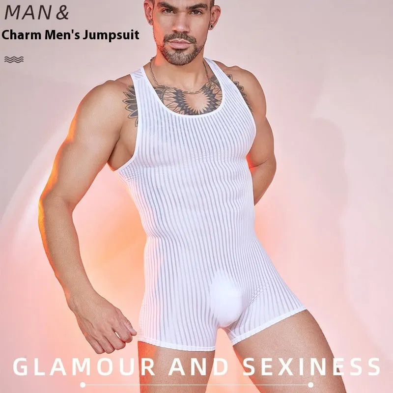 Men's striped nylon jumpsuit in black with vertical bars, free size
