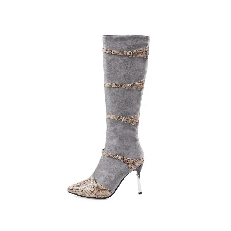 Women's grey knee high boots with thin stiletto heel and velvet lining