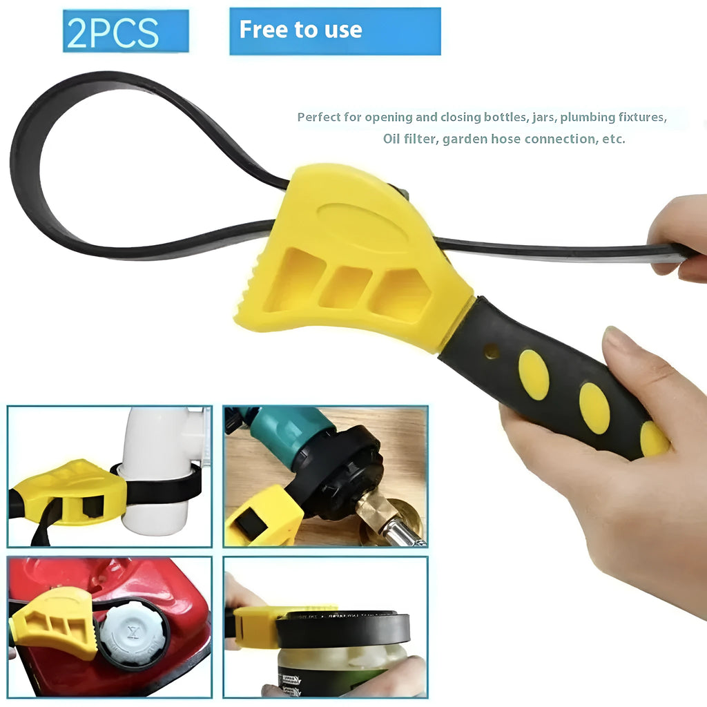 Adjustable strap wrench set with 6-inch and 8-inch rubber bands and a phosphated steel handle on a workbench.