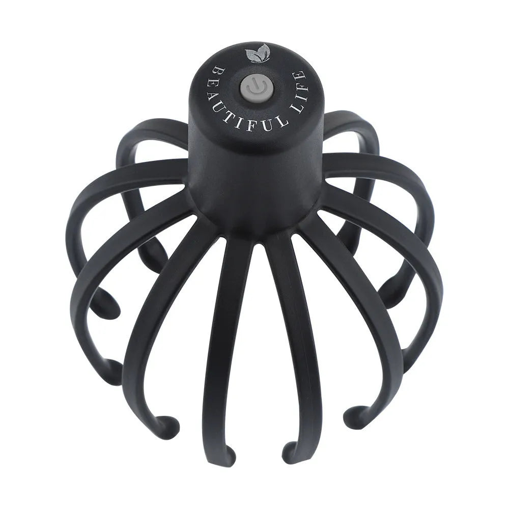 Black electric scalp massager with 12 TPE 3D massage arms on a flat surface