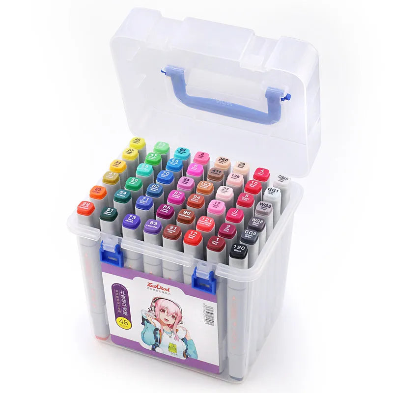 48-colour oily soft-tip marker set with square rods, round and oblique heads for student artwork