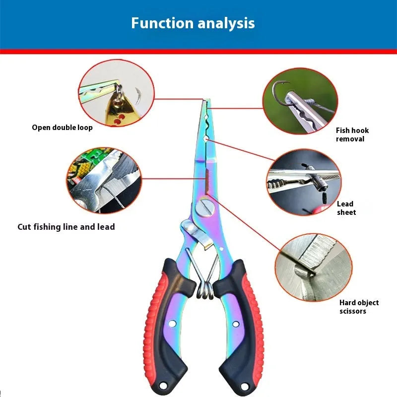 Medium fishing pliers with hook in straight mouth design showing steel construction and coloured handles