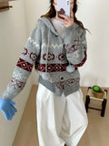 Women's geometric pattern brocade sweater coat in grey, loose fit with long sleeves.