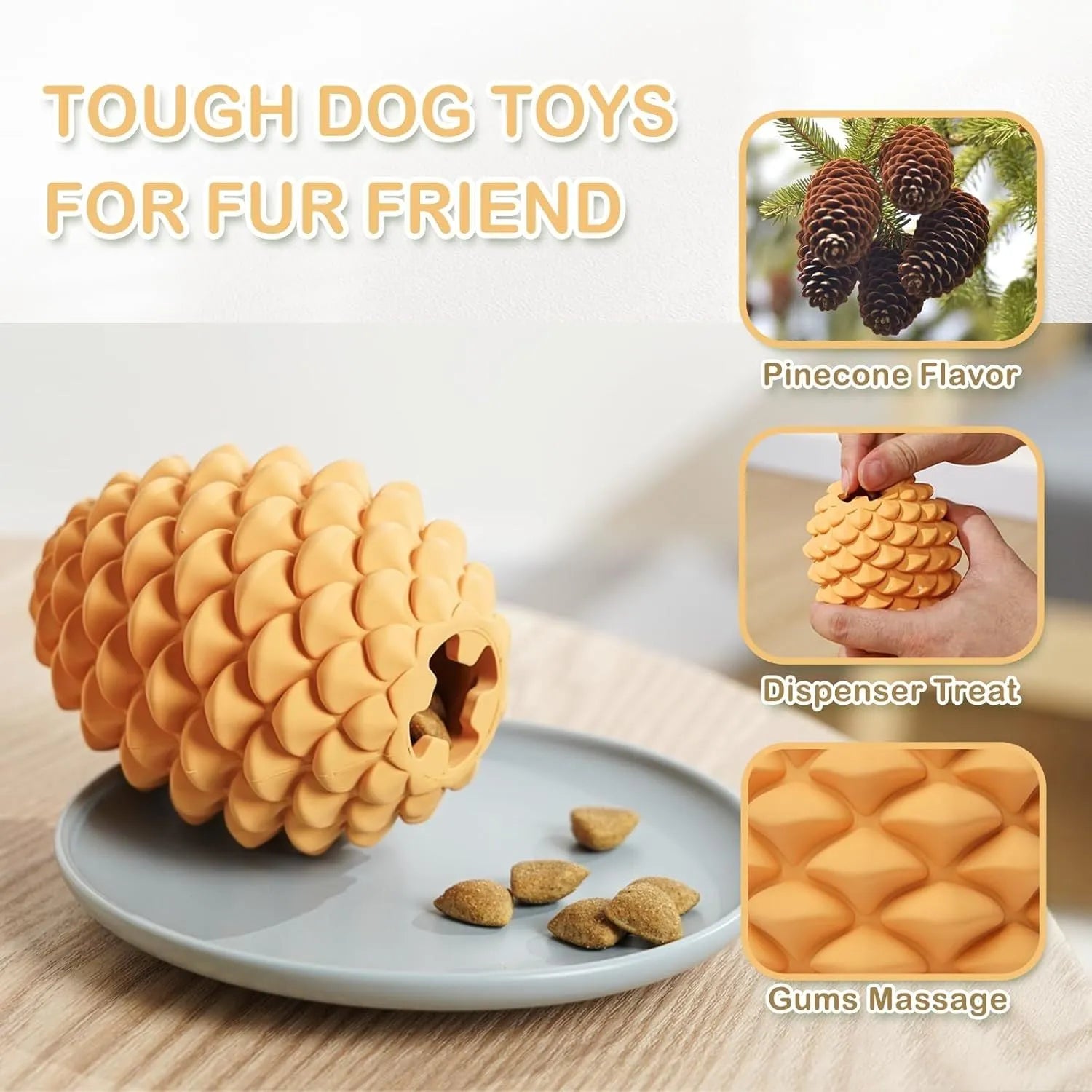Yellow pine cone shaped natural rubber dog chew toy with treat dispensing feature