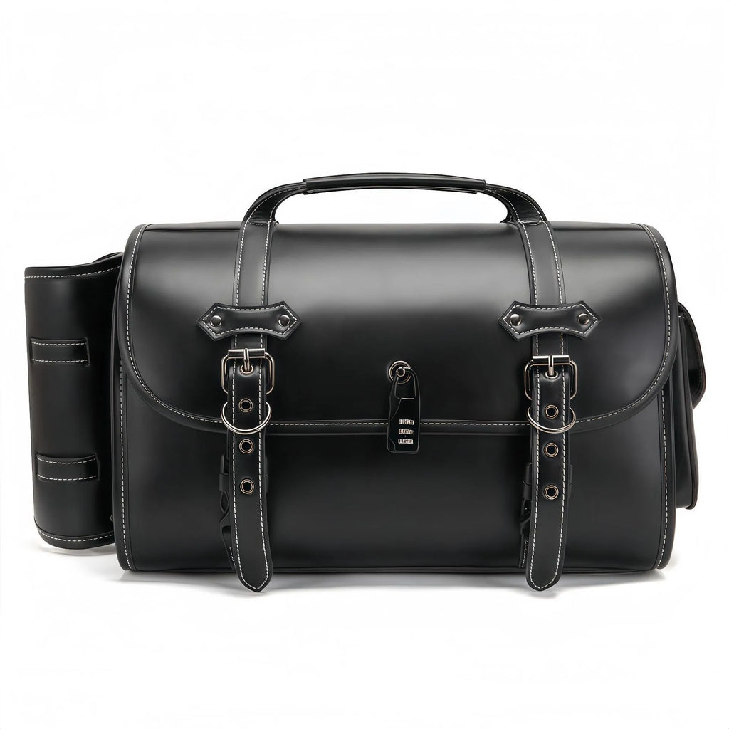 Motorcycle side bag with coded lock in dark punk style mounted on bike