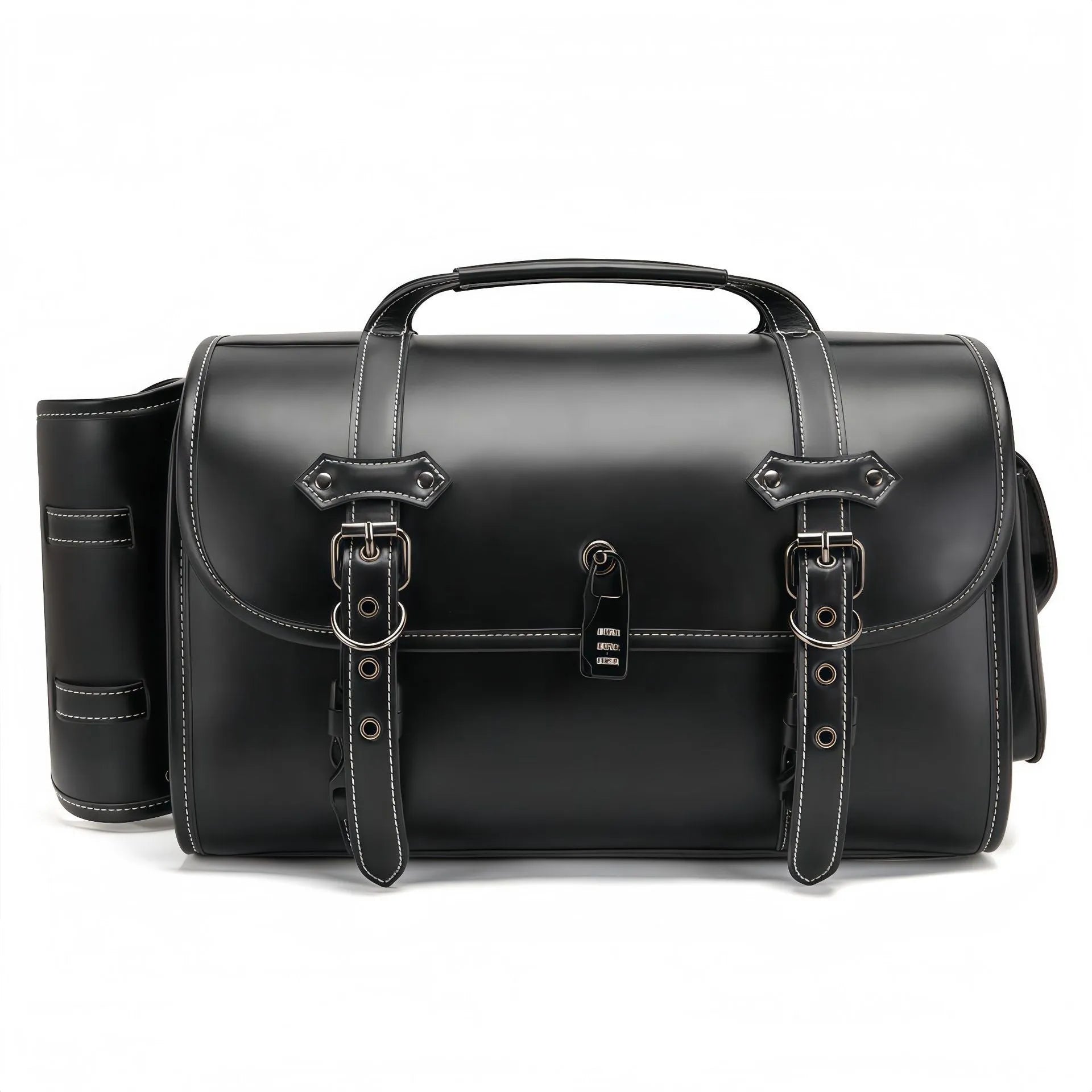Motorcycle side bag with coded lock in dark punk style mounted on bike
