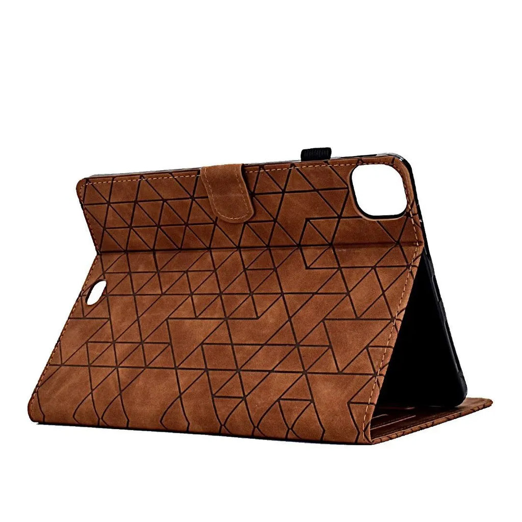 iPad Pro 11 leather case with card holder in diamond embossed pattern, showing stand function.