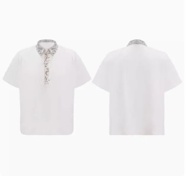 Loose fit black square neck short sleeve shirt with sequin and metal decoration details.