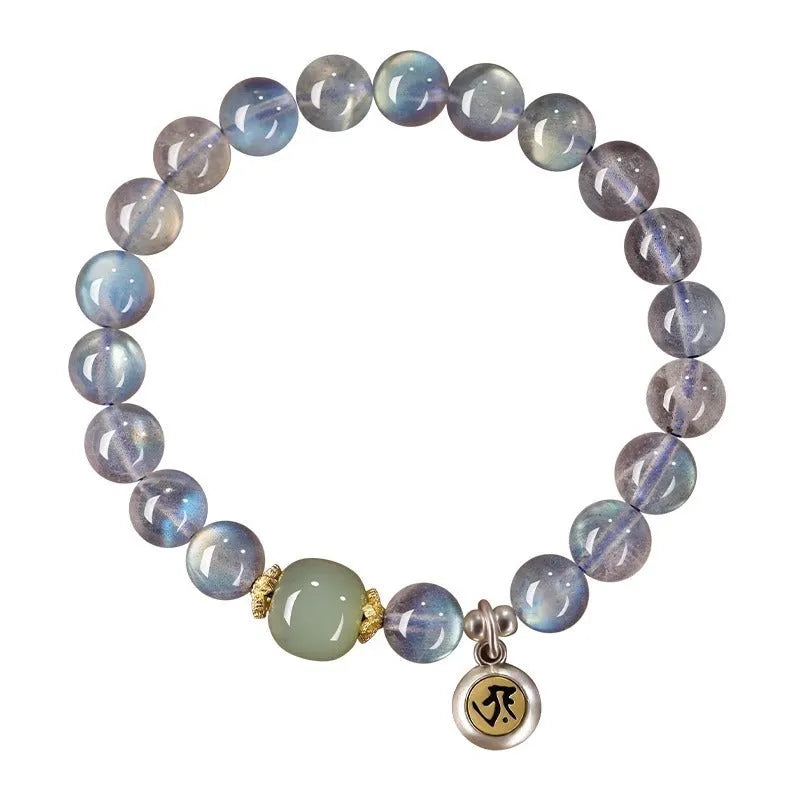Moonstone crystal women's bracelet with 8mm Thousand-Hand Kwan-yin mouse zodiac charm