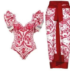 Women's printed one-piece swimsuit with matching apron skirt in polyester fabric