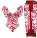 Women's printed one-piece swimsuit with matching apron skirt in polyester fabric