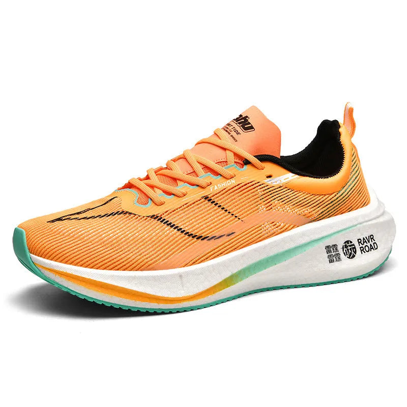 Pair of unisex shockproof breathable running shoes with rubber sole and striped pattern