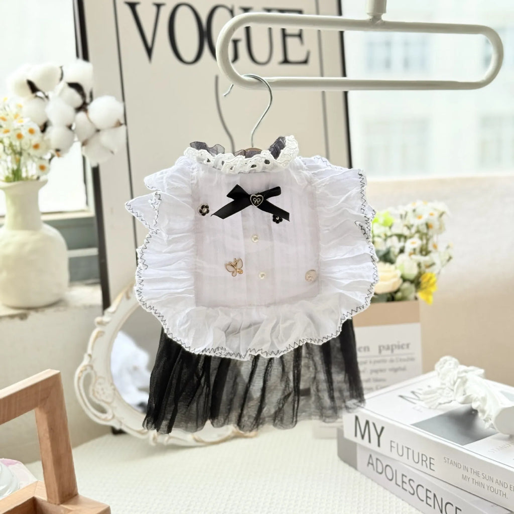 White polyester gauze skirt for a small dog, showing princess style and tiered design on a mannequin.