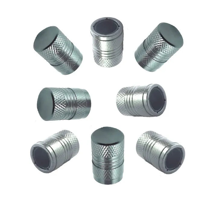 Aluminium car tyre valve dust cap in four colour options: black, blue, grey, and red.