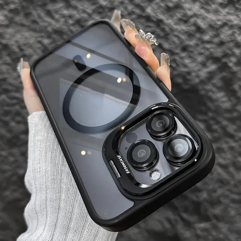 Acrylic transparent phone case with magnetic lens bracket in navy blue for iPhone 17 series