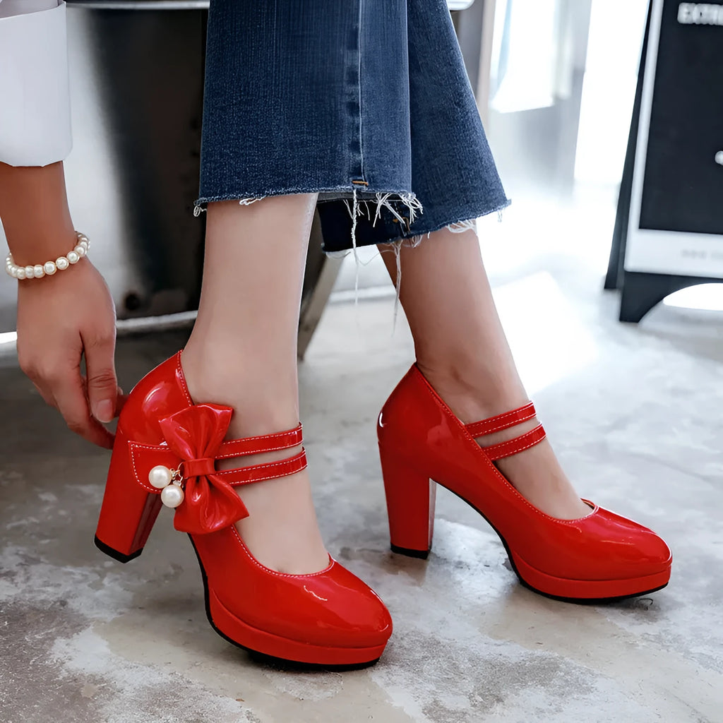 Women's waterproof platform shoes with thick chunky heel and buckle fastening in multiple colours