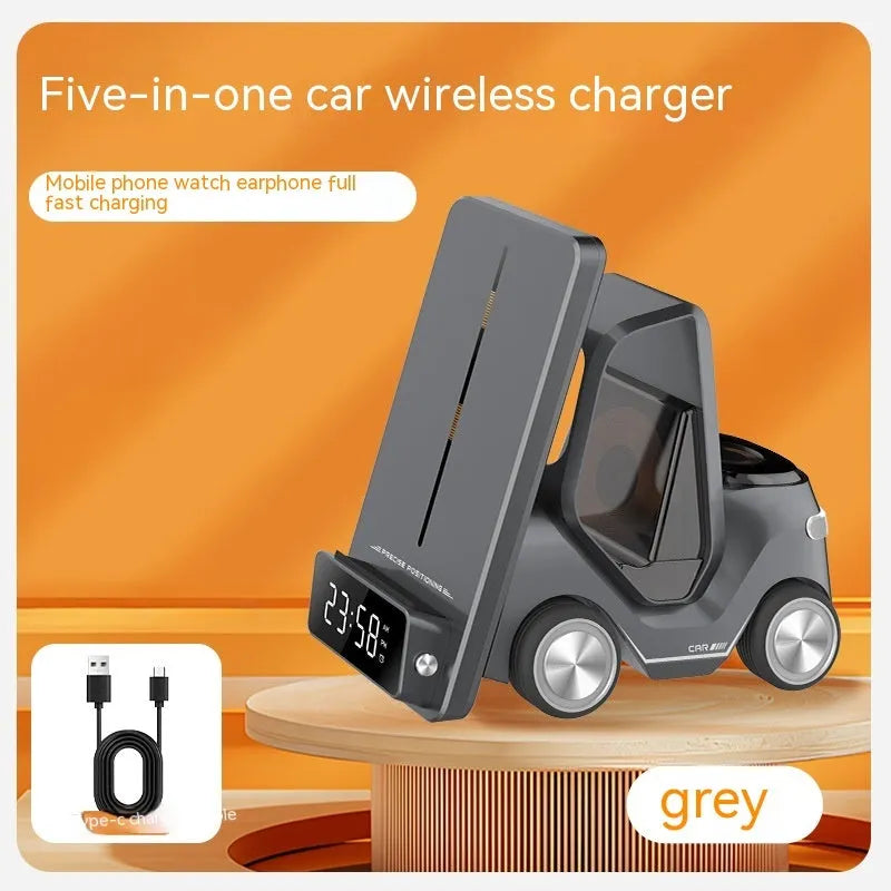Foldable grey wireless charging stand holding a phone, an Apple Watch, and AirPods case.