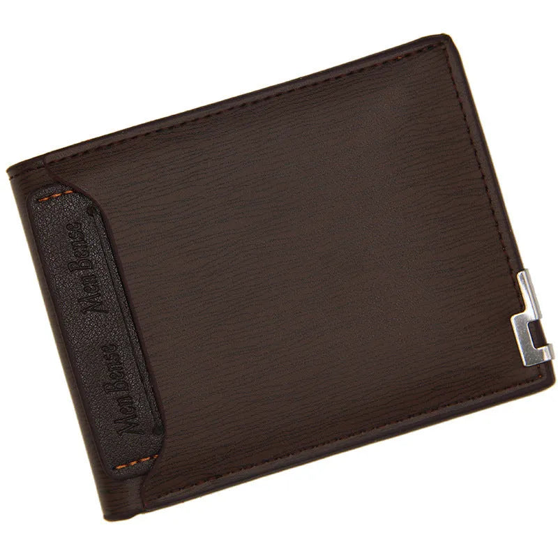 Men's short wallet with iron-edge card-picking in black, dark coffee or light coffee PU material