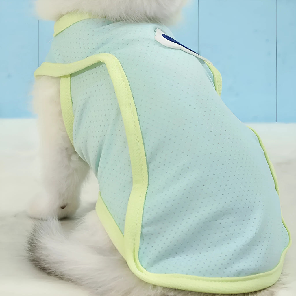 Grass green lightweight polyester vest for cats on a grey background, showing front hook-and-loop closure.