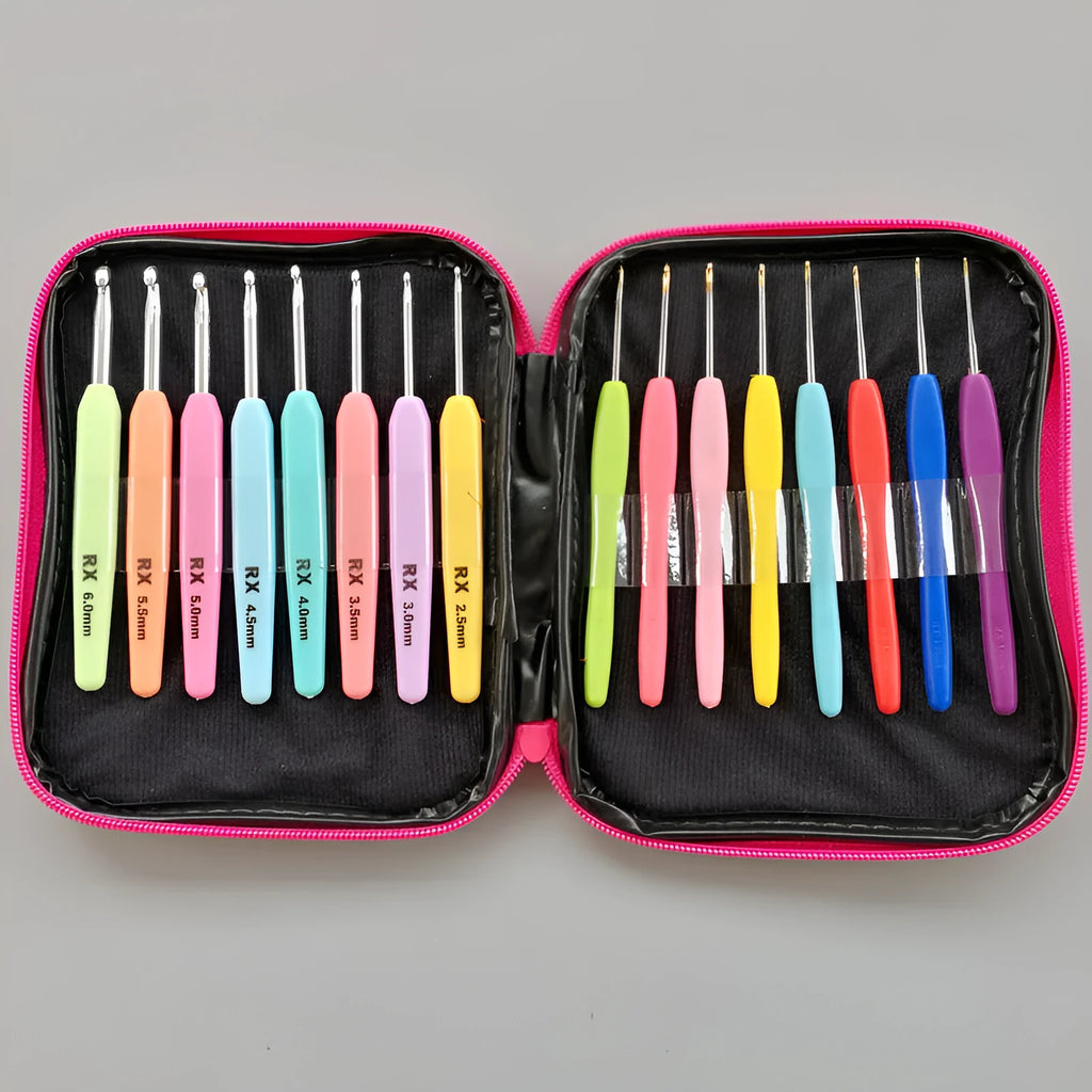 Set of 16 crochet hooks with two handle types in a grey PU fabric storage bag.