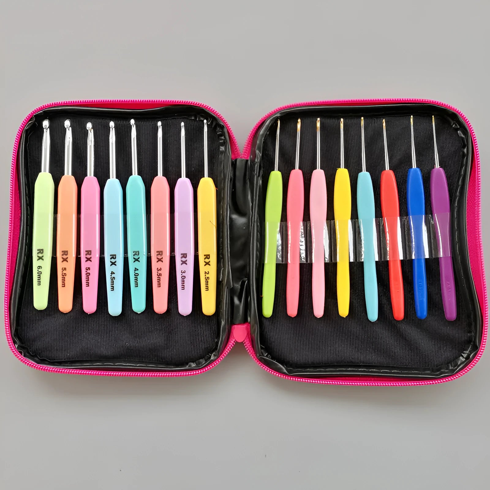Set of 16 crochet hooks with two handle types in a grey PU fabric storage bag.