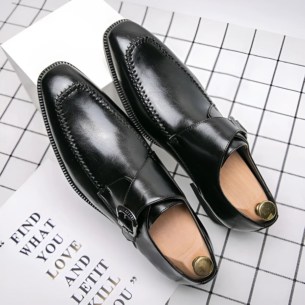 Men's square toe buckle casual leather shoes in black with stitched details and flat rubber sole