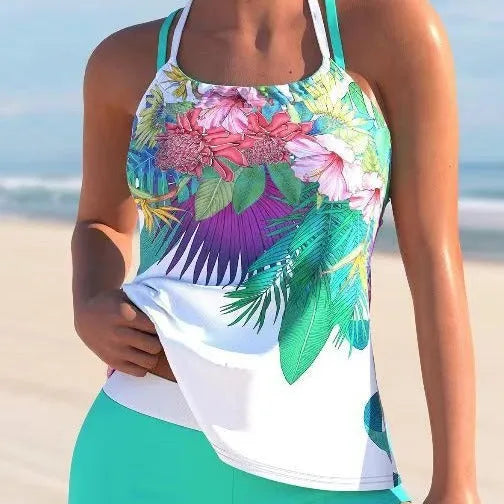 Women's purple red and green large flower print split swimsuit with chest pad support.