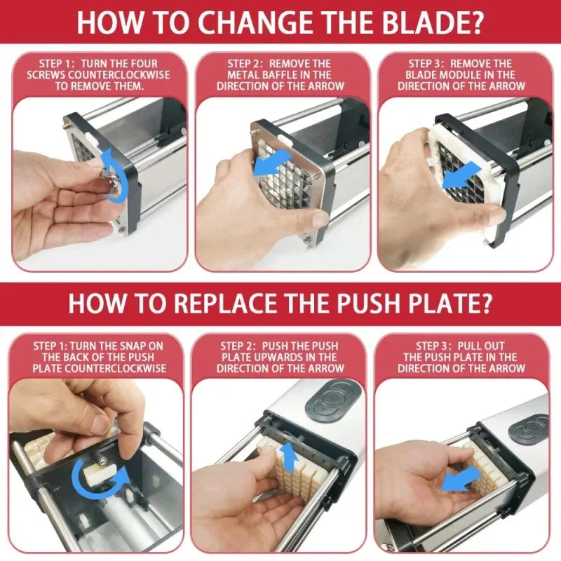 Black electric French fry cutter machine with stainless steel blades on a countertop.