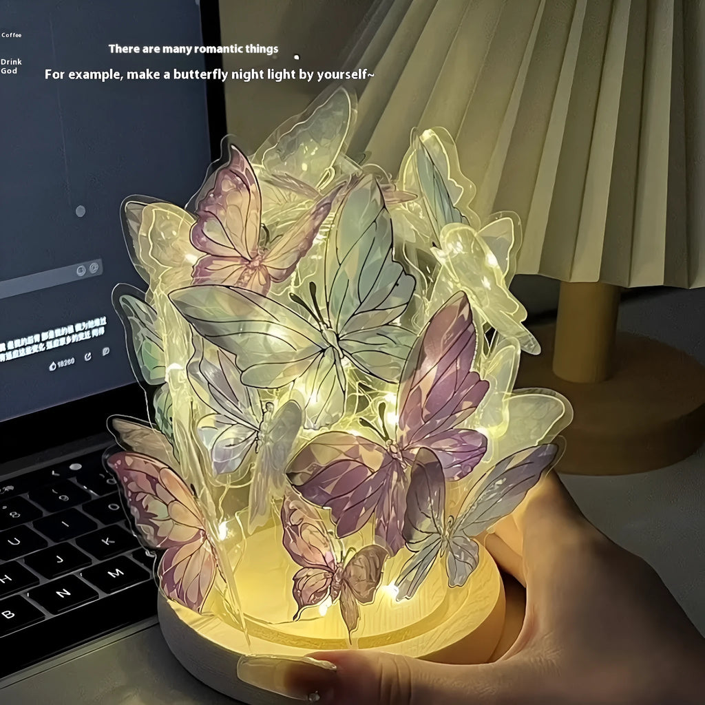 Handmade butterfly night lamp with glass shade and raw wood base measuring 12x15cm