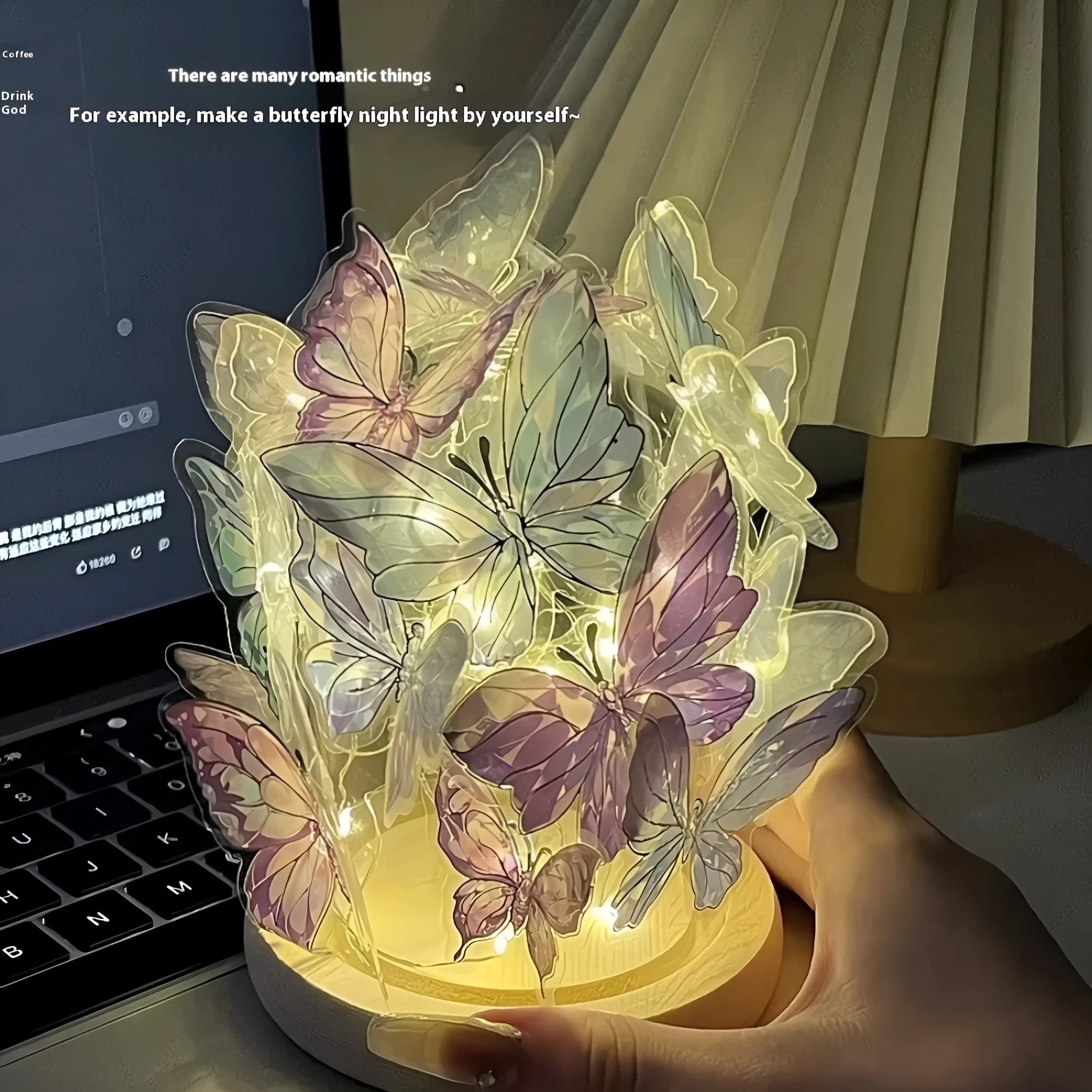 Handmade butterfly night lamp with glass shade and raw wood base measuring 12x15cm