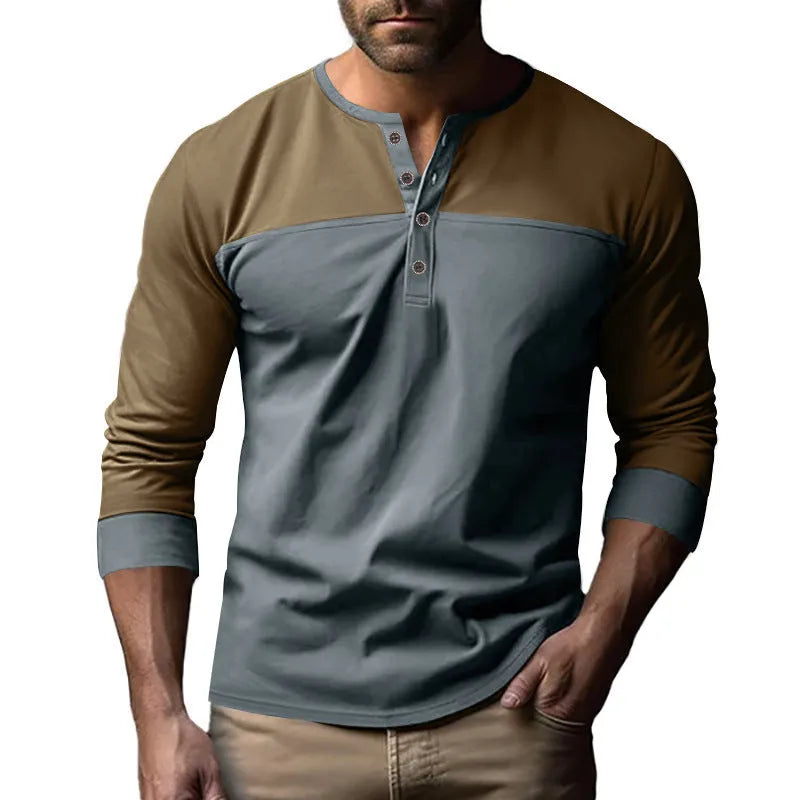 Men's retro colour block long sleeve base shirt with upper black and lower brown sections, polyester pullover style